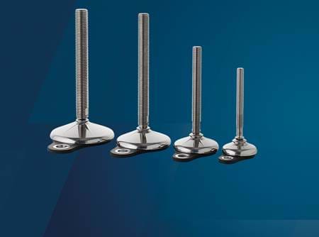 Stainless steel levelling feet on blue background 
