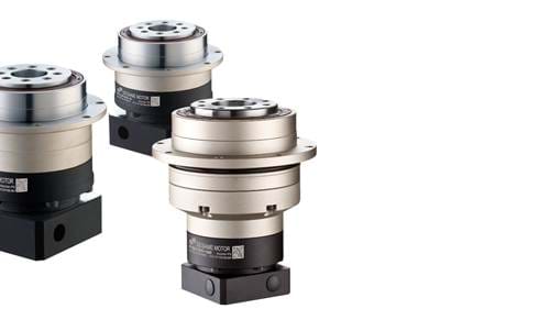 Three planetary gearheads with output flange on a transparent background